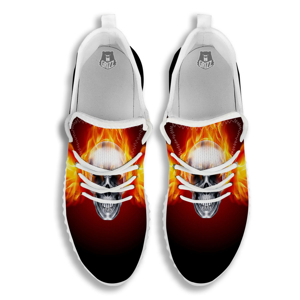 Fire Wings With Flaming Skull Print White Walking Shoes-grizzshop