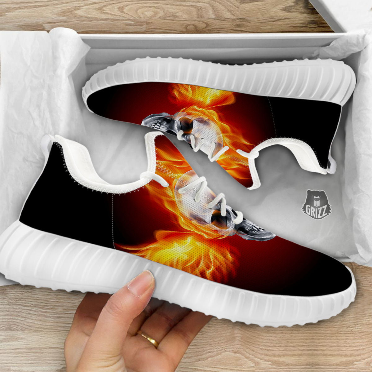 Fire Wings With Flaming Skull Print White Walking Shoes-grizzshop