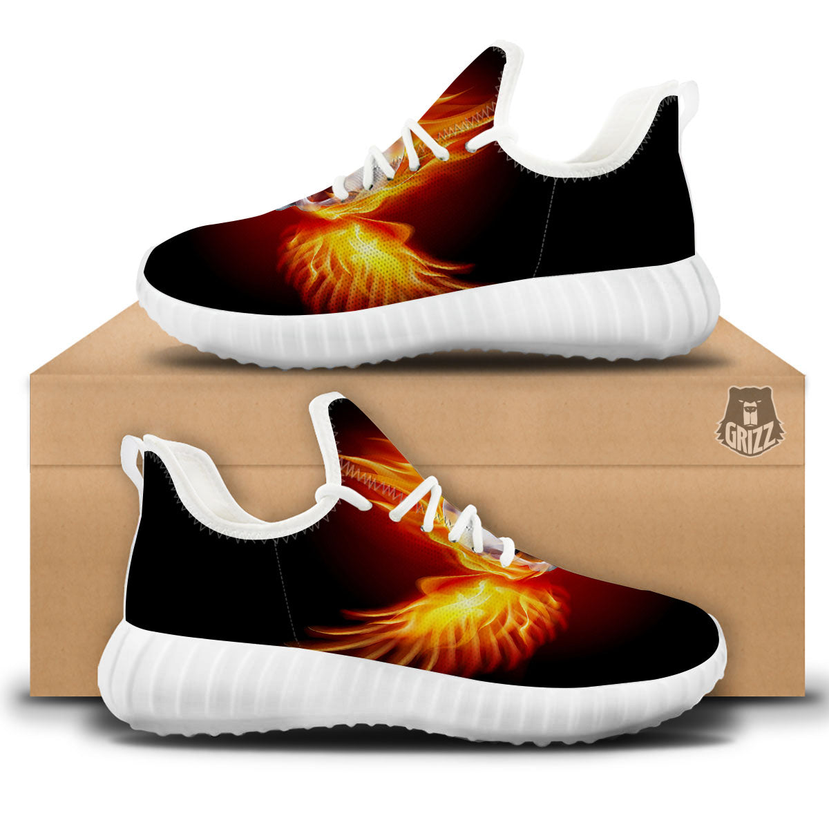 Fire Wings With Flaming Skull Print White Walking Shoes-grizzshop