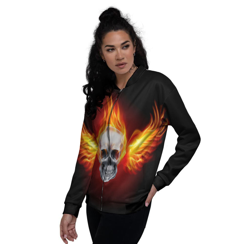 Fire Wings With Flaming Skull Print Women's Bomber Jacket-grizzshop