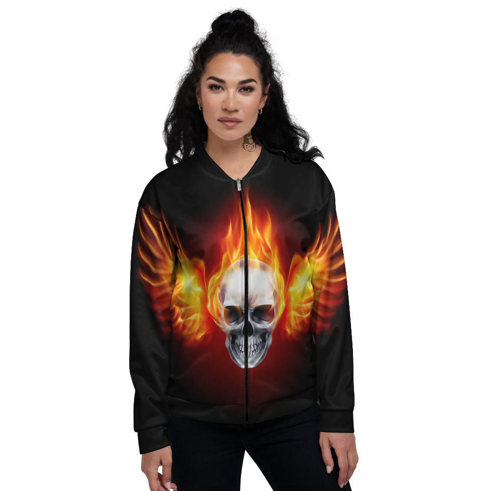 Fire Wings With Flaming Skull Print Women's Bomber Jacket-grizzshop