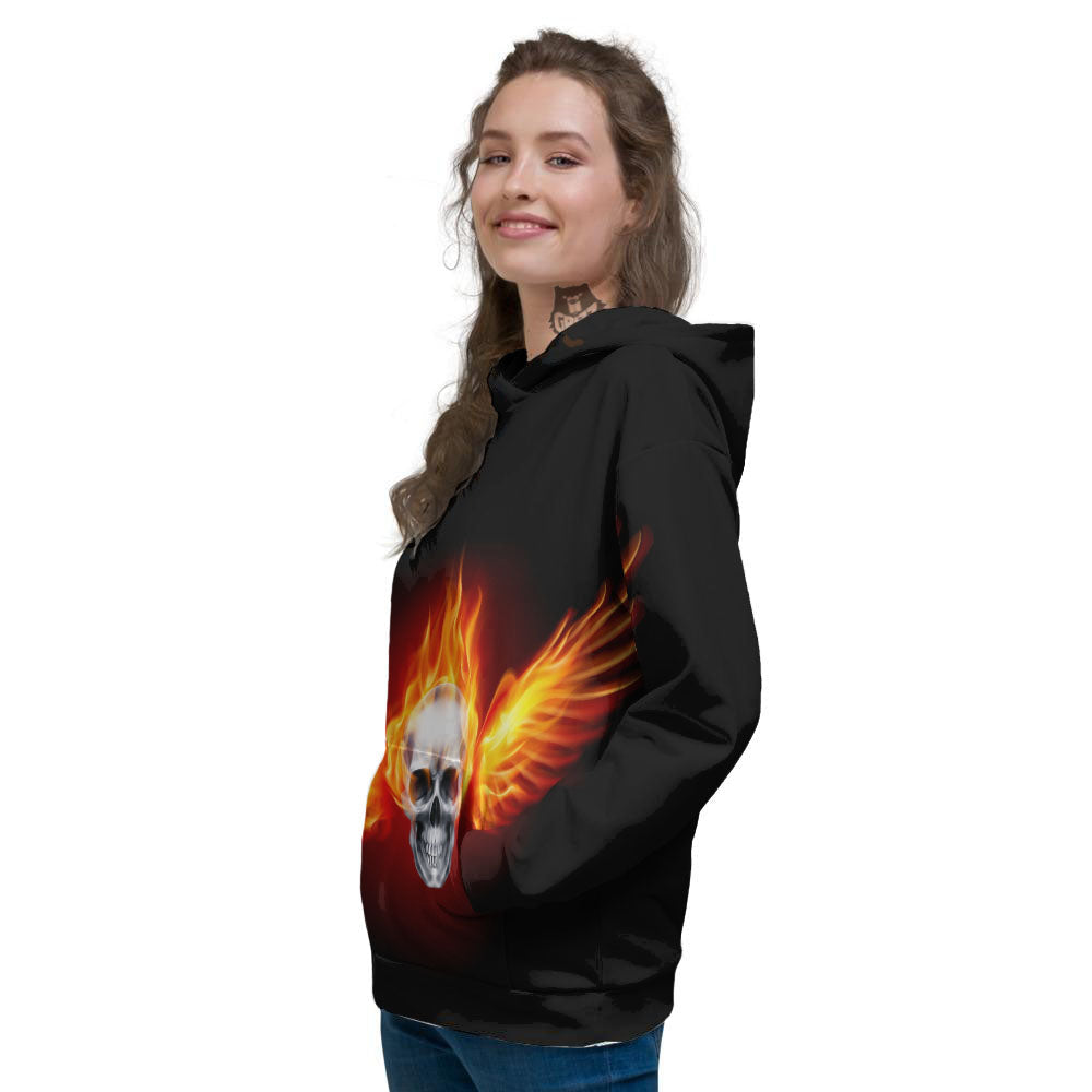 Fire Wings With Flaming Skull Print Women's Hoodie-grizzshop