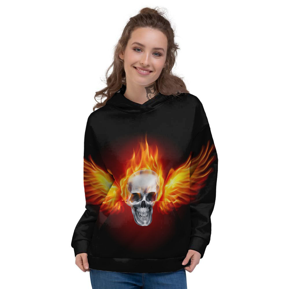 Fire Wings With Flaming Skull Print Women's Hoodie-grizzshop