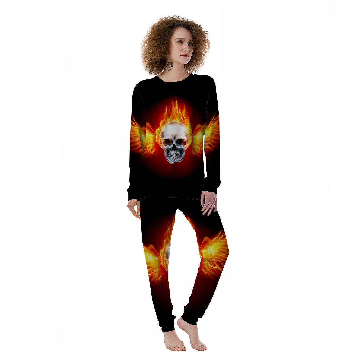Fire Wings With Flaming Skull Print Women's Pajamas-grizzshop