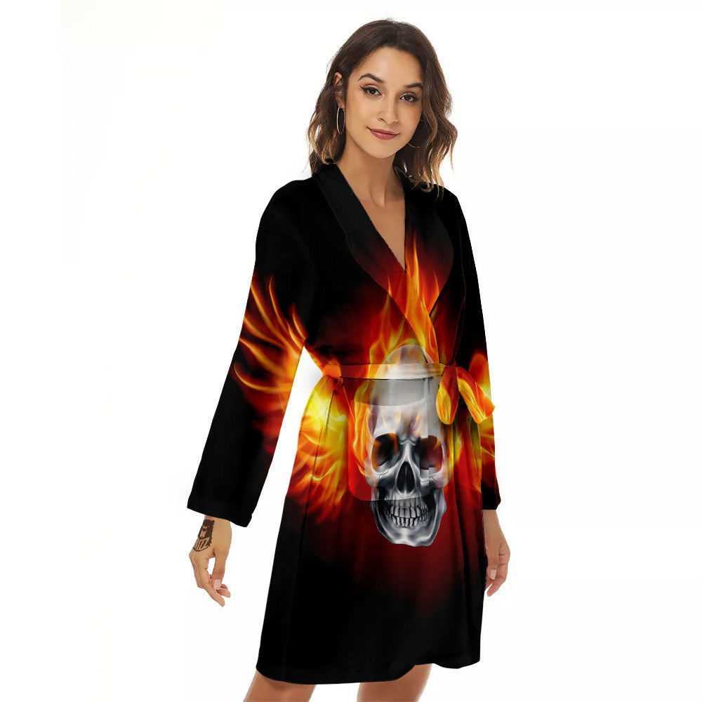 Fire Wings With Flaming Skull Print Women's Robe-grizzshop