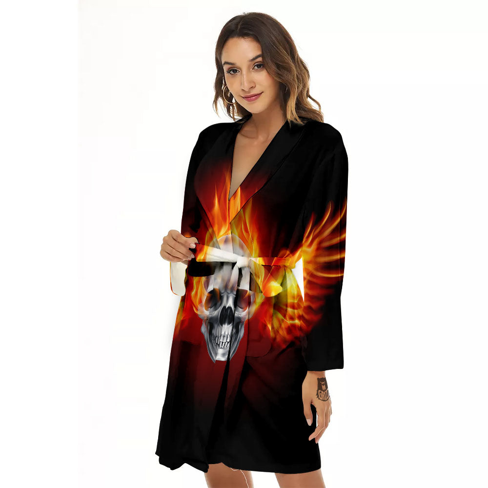 Fire Wings With Flaming Skull Print Women's Robe-grizzshop
