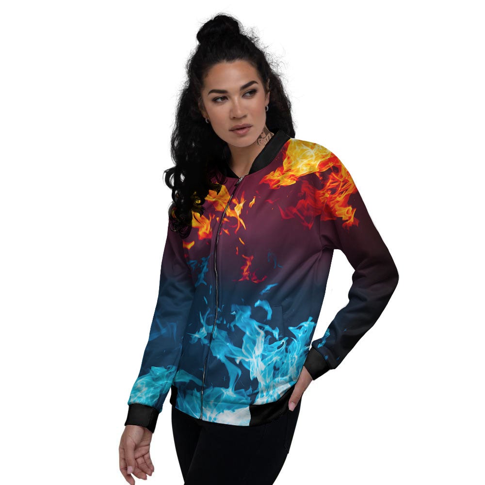 Fire Blue And Red Print Women's Bomber Jacket-grizzshop