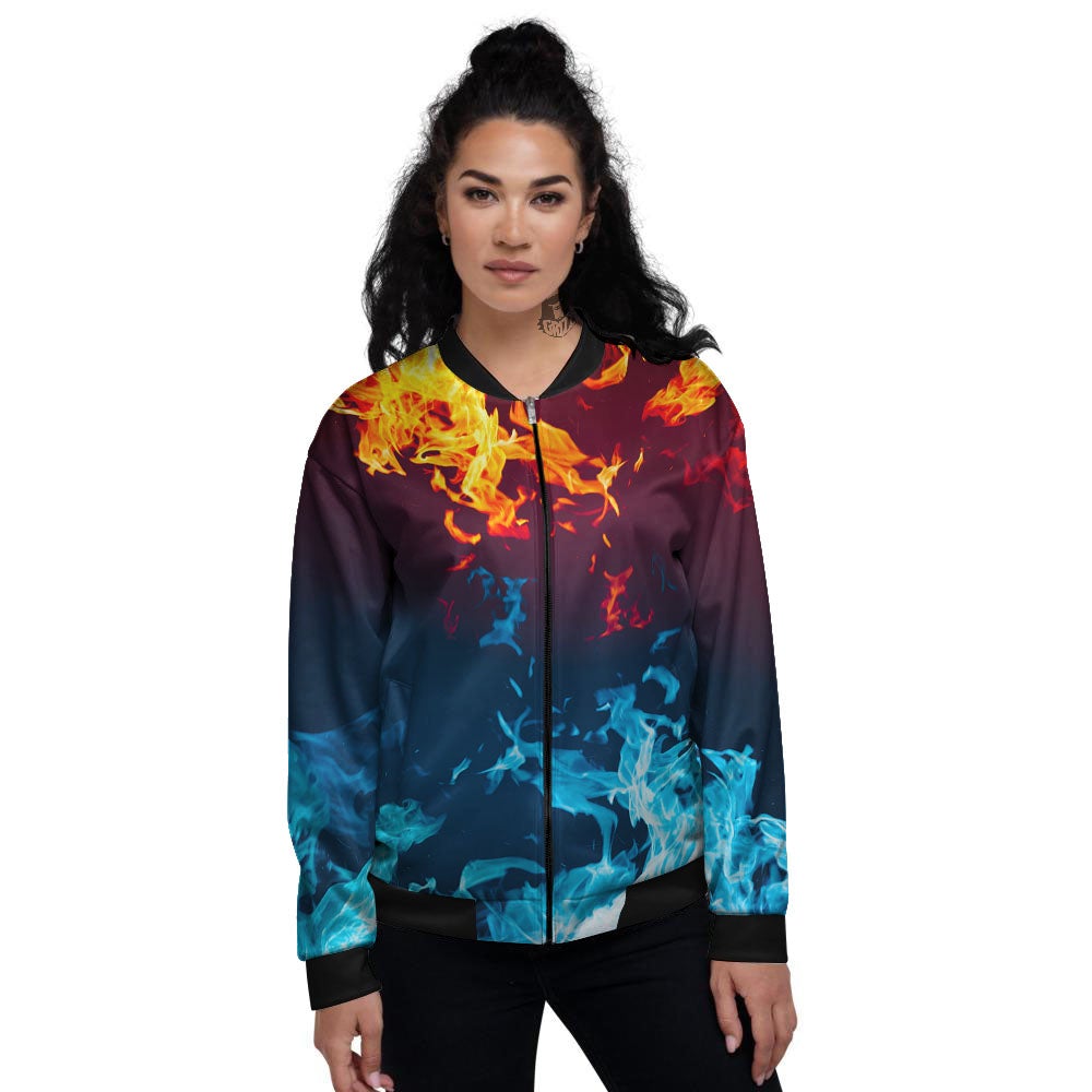 Fire Blue And Red Print Women's Bomber Jacket-grizzshop