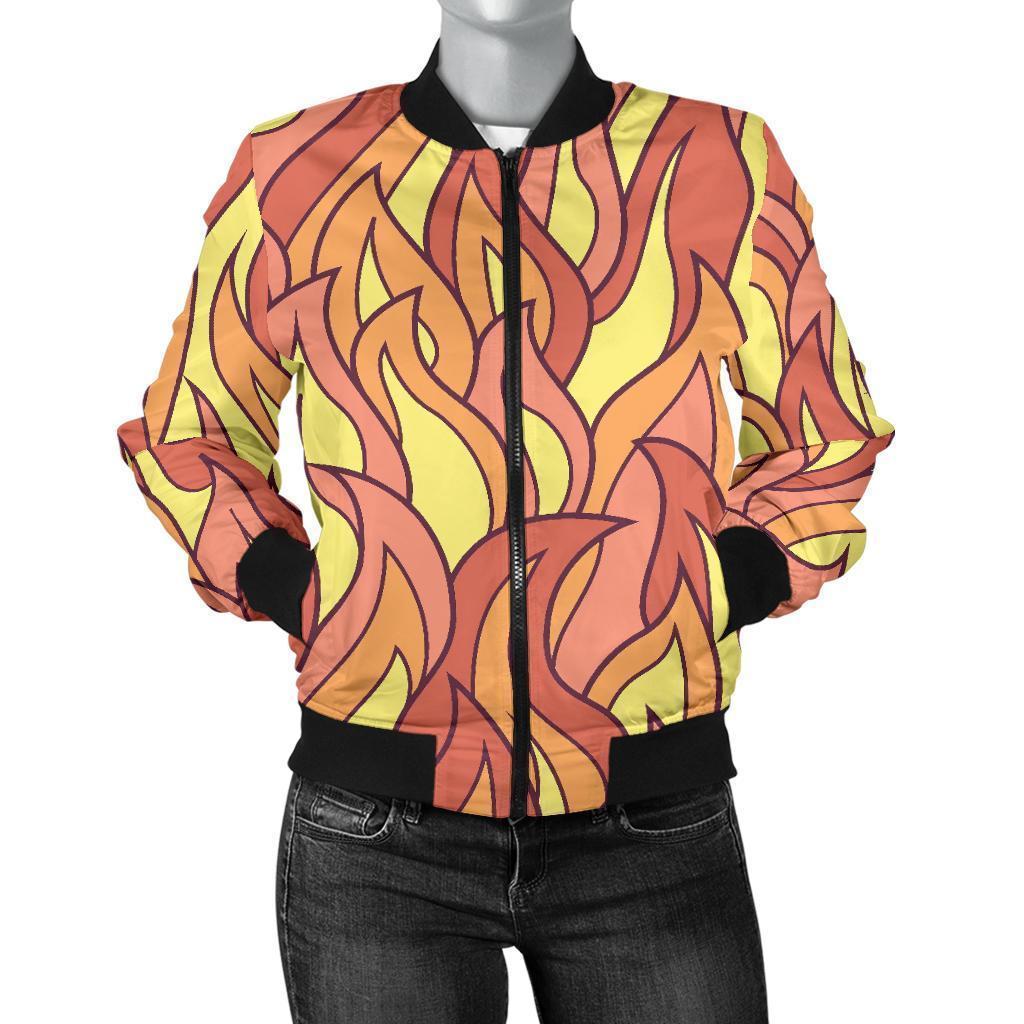 Fire Flame Pattern Print Women Casual Bomber Jacket-grizzshop