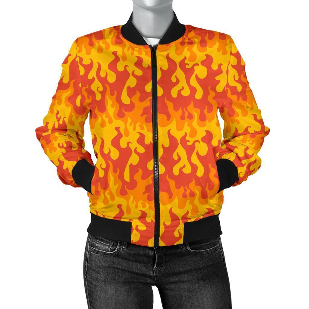 Fire Flame Print Pattern Women Casual Bomber Jacket-grizzshop