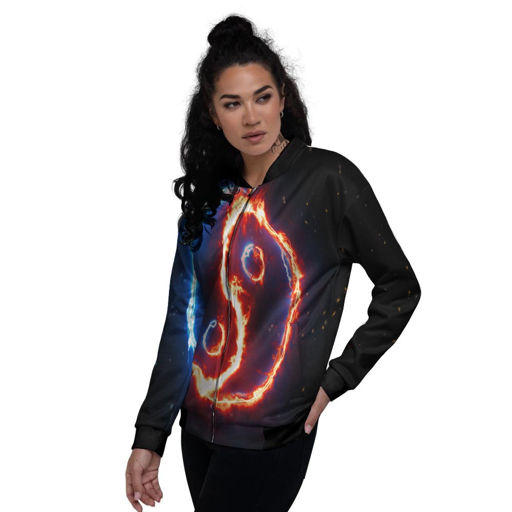 Fire Yin Yang Blue And Red Print Women's Bomber Jacket-grizzshop