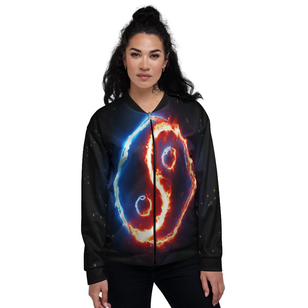 Fire Yin Yang Blue And Red Print Women's Bomber Jacket-grizzshop