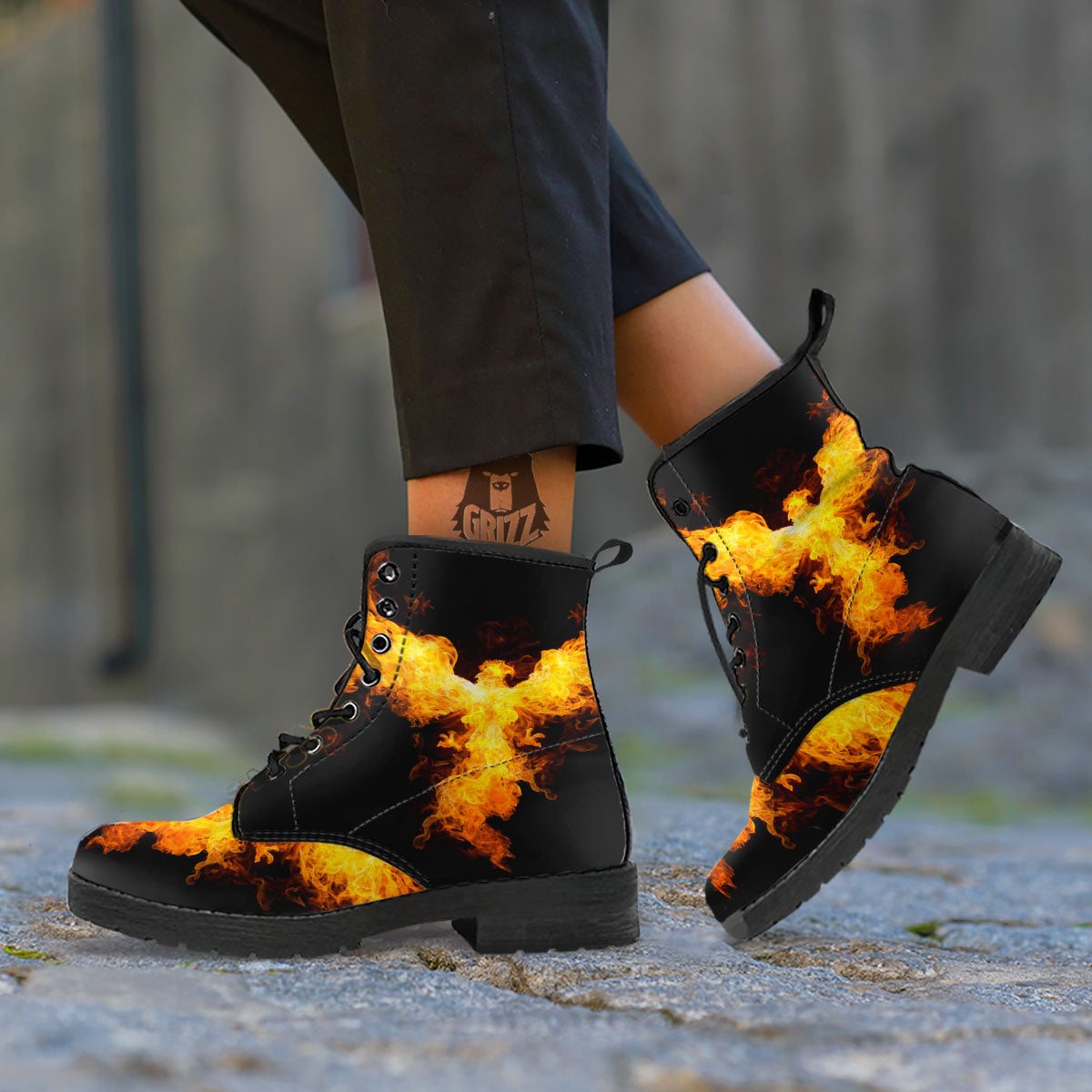 Firebird Phoenix Print Leather Boots-grizzshop