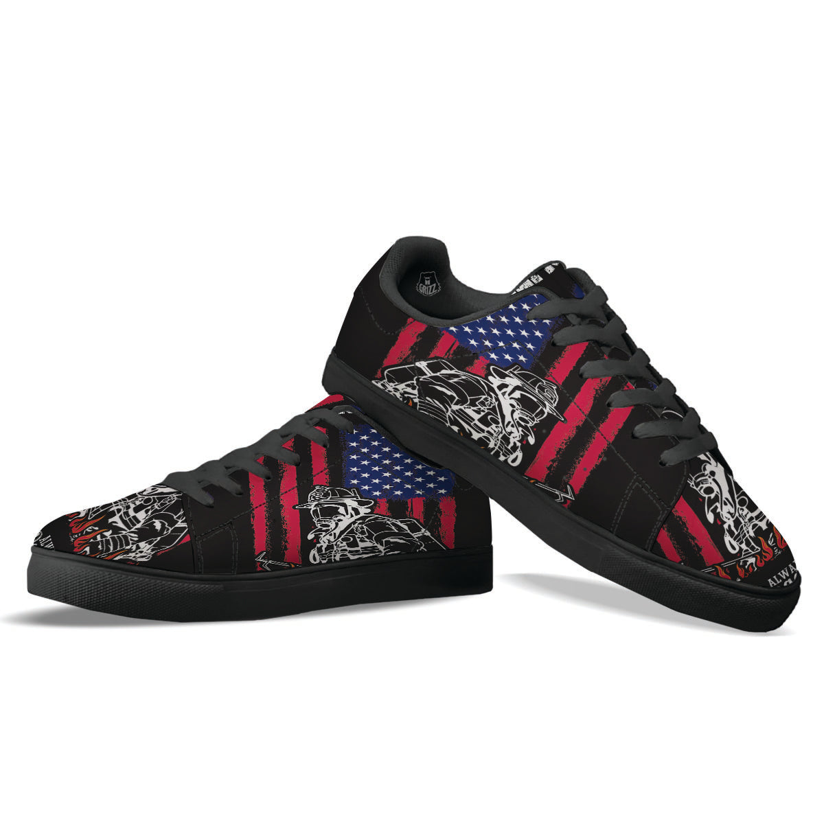 Firefighter Emblem American Print Black Low Top Sneakers-grizzshop