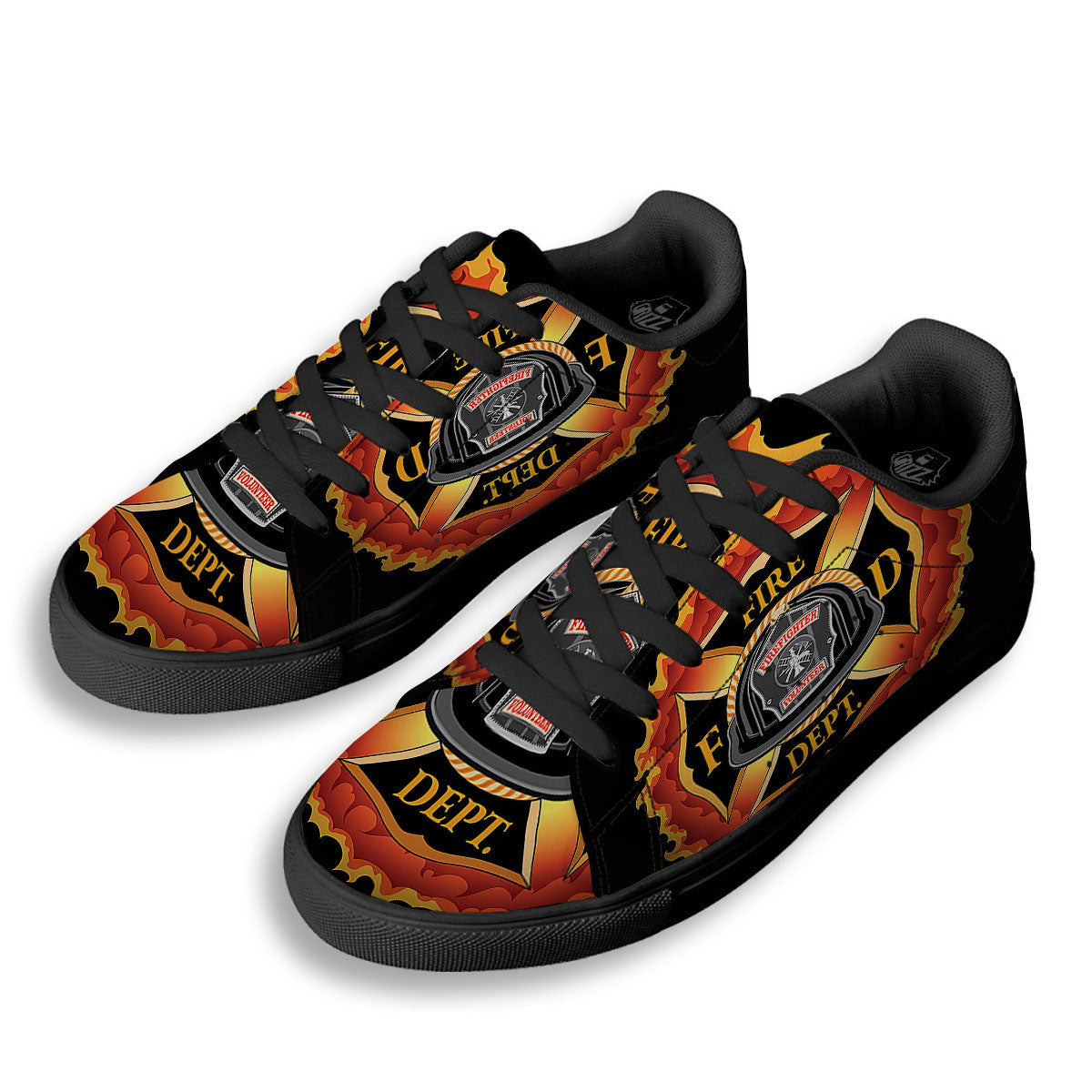 Firefighter Emblem Flaming Print Black Low Top Sneakers-grizzshop