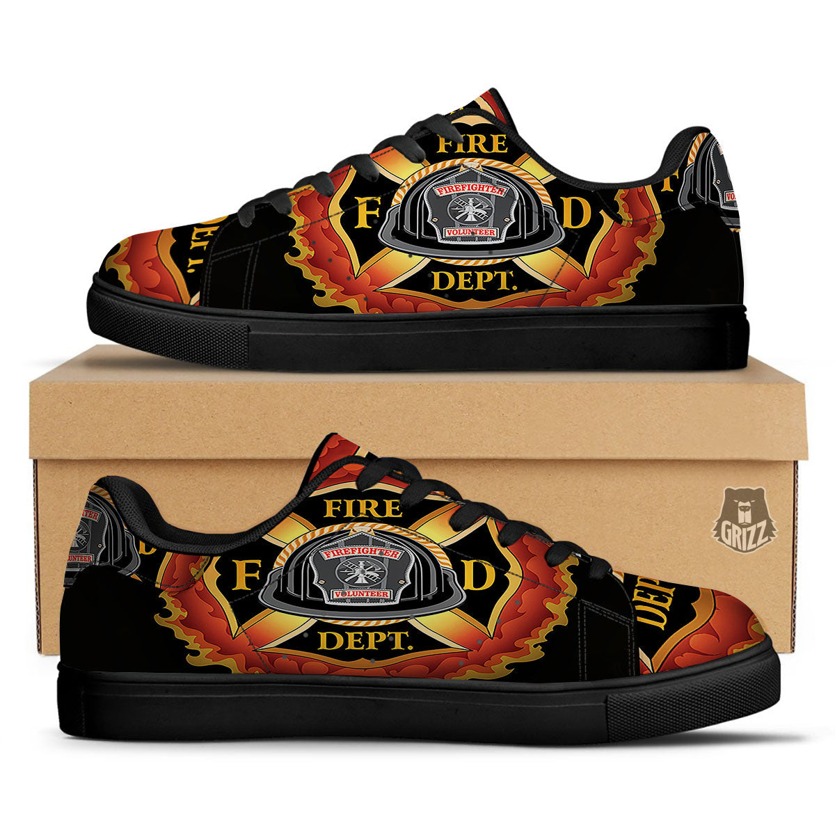 Firefighter Emblem Flaming Print Black Low Top Sneakers-grizzshop