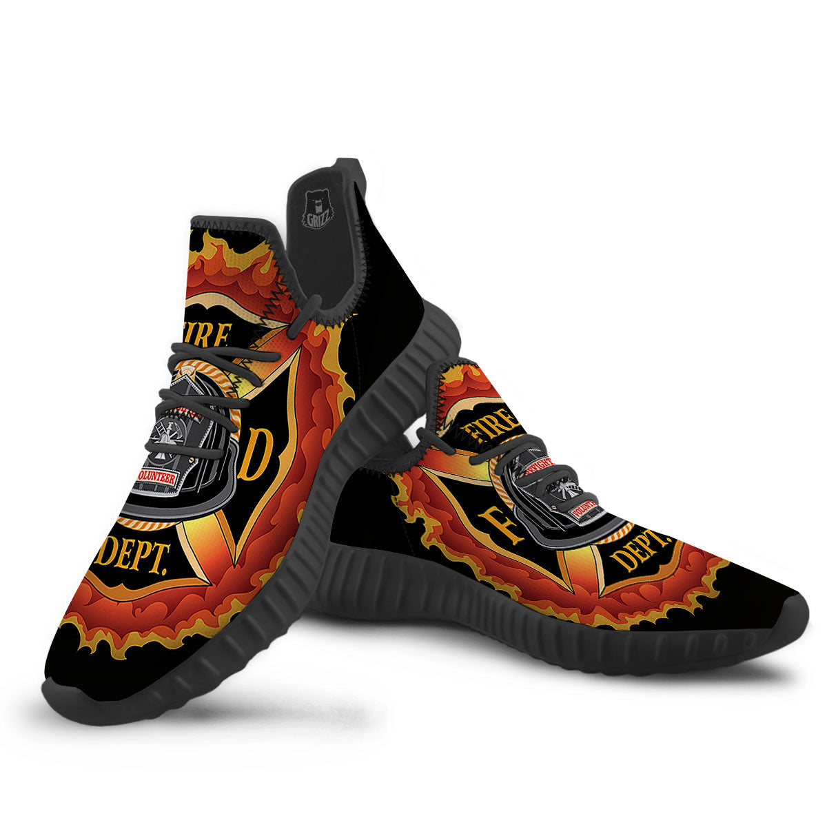 Firefighter Emblem Flaming Print Black Walking Shoes-grizzshop