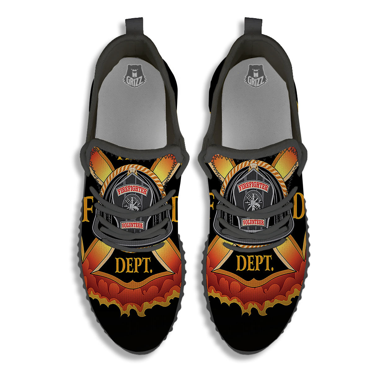 Firefighter Emblem Flaming Print Black Walking Shoes-grizzshop
