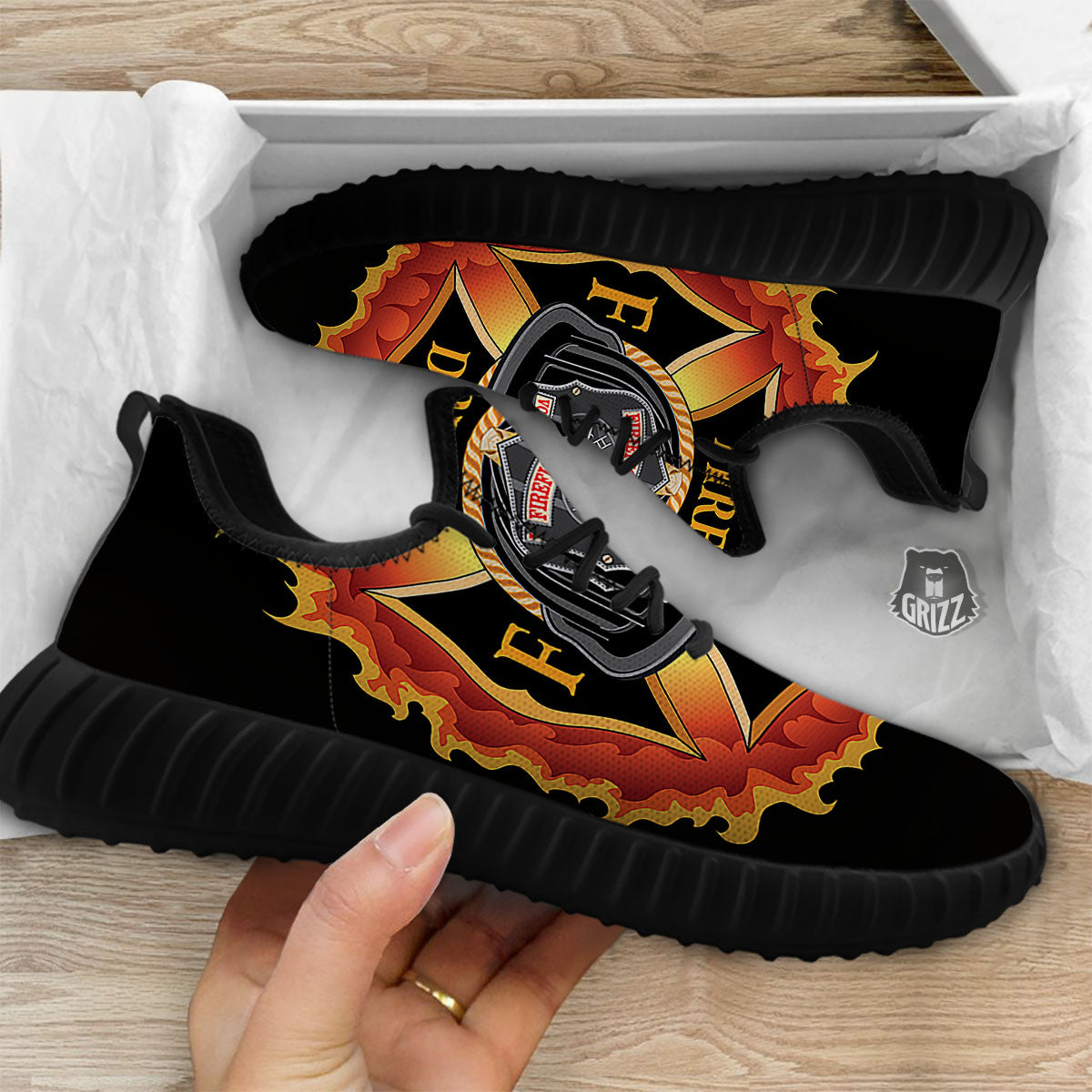 Firefighter Emblem Flaming Print Black Walking Shoes-grizzshop