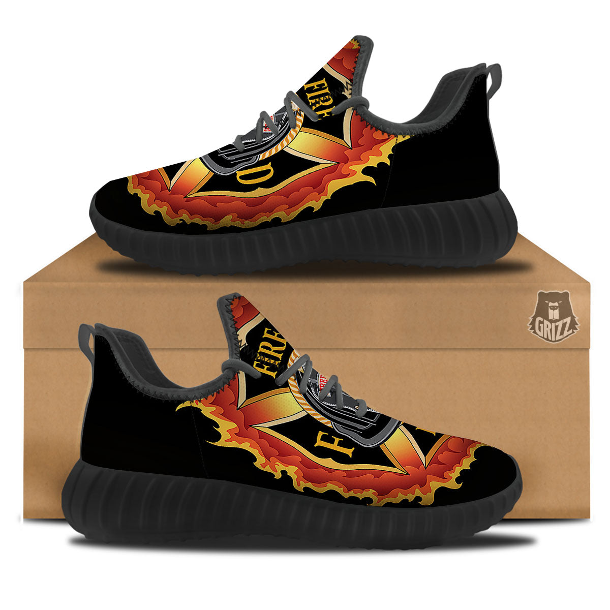 Firefighter Emblem Flaming Print Black Walking Shoes-grizzshop