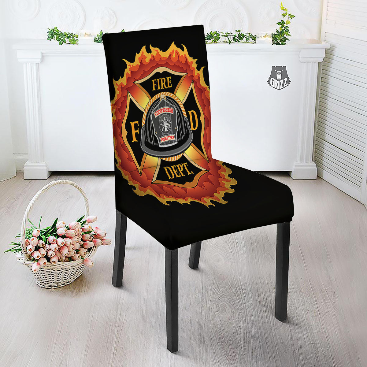 Firefighter Emblem Flaming Print Dining Chair Slipcover-grizzshop