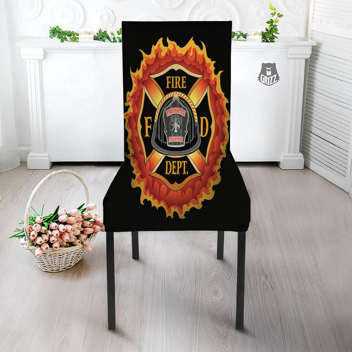 Firefighter Emblem Flaming Print Dining Chair Slipcover-grizzshop