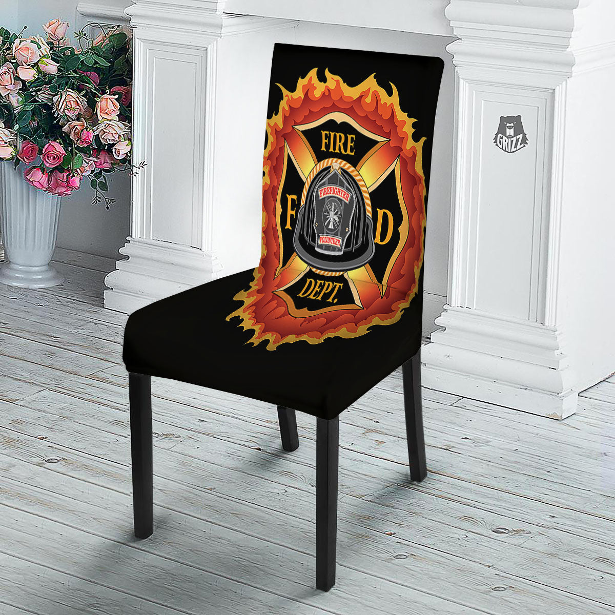 Firefighter Emblem Flaming Print Dining Chair Slipcover-grizzshop