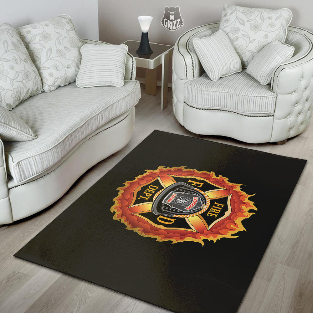 Firefighter Emblem Flaming Print Floor Mat-grizzshop