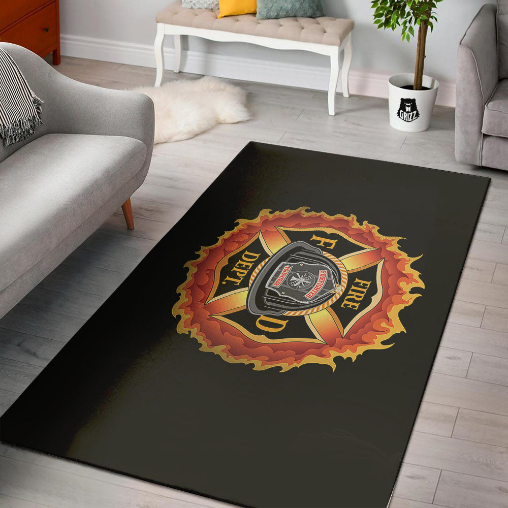 Firefighter Emblem Flaming Print Floor Mat-grizzshop