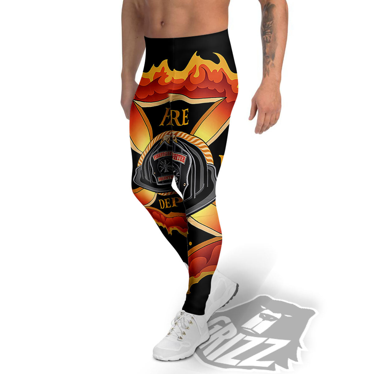 Firefighter Emblem Flaming Print Men's Leggings-grizzshop