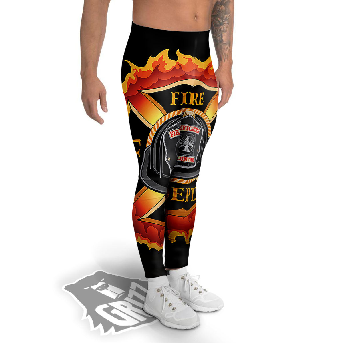 Firefighter Emblem Flaming Print Men's Leggings-grizzshop