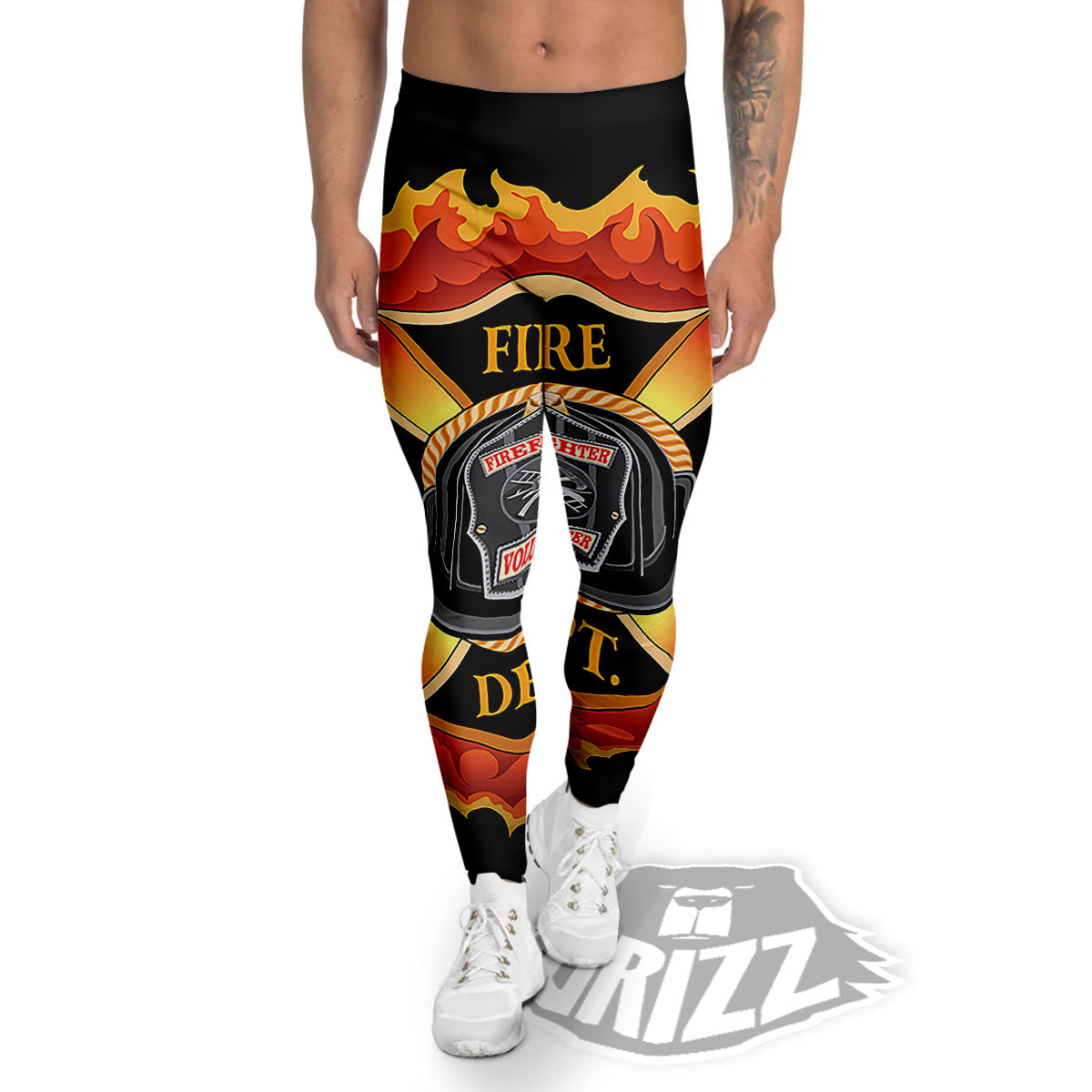 Firefighter Emblem Flaming Print Men's Leggings-grizzshop