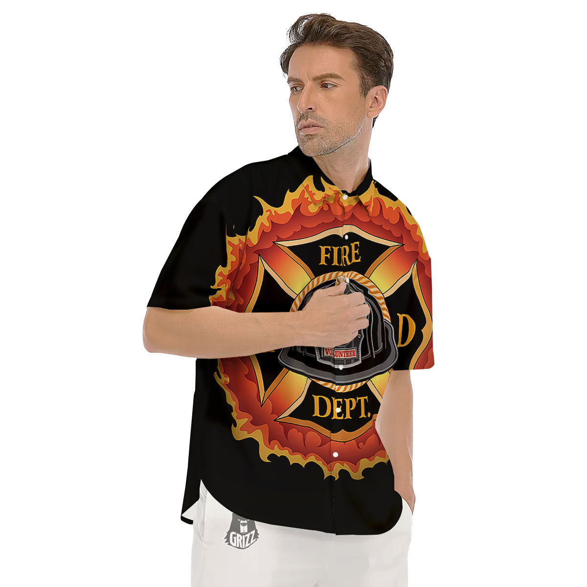 Firefighter Emblem Flaming Print Men's Short Sleeve Shirts-grizzshop