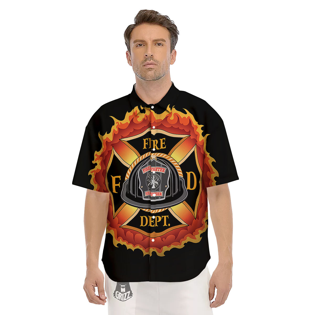 Firefighter Emblem Flaming Print Men's Short Sleeve Shirts-grizzshop