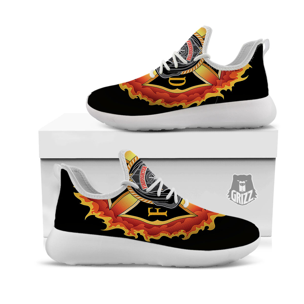 Firefighter Emblem Flaming Print White Athletic Shoes-grizzshop
