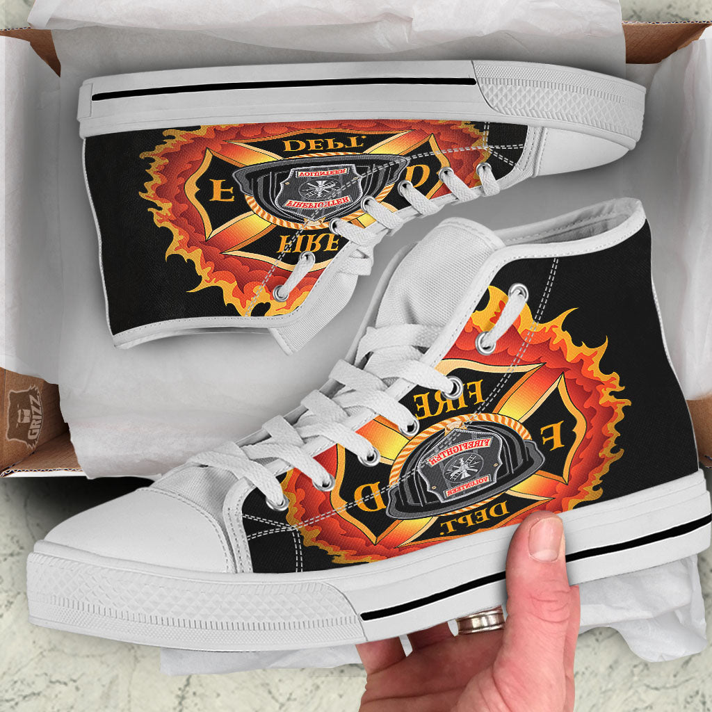 Firefighter Emblem Flaming Print White High Top Shoes-grizzshop