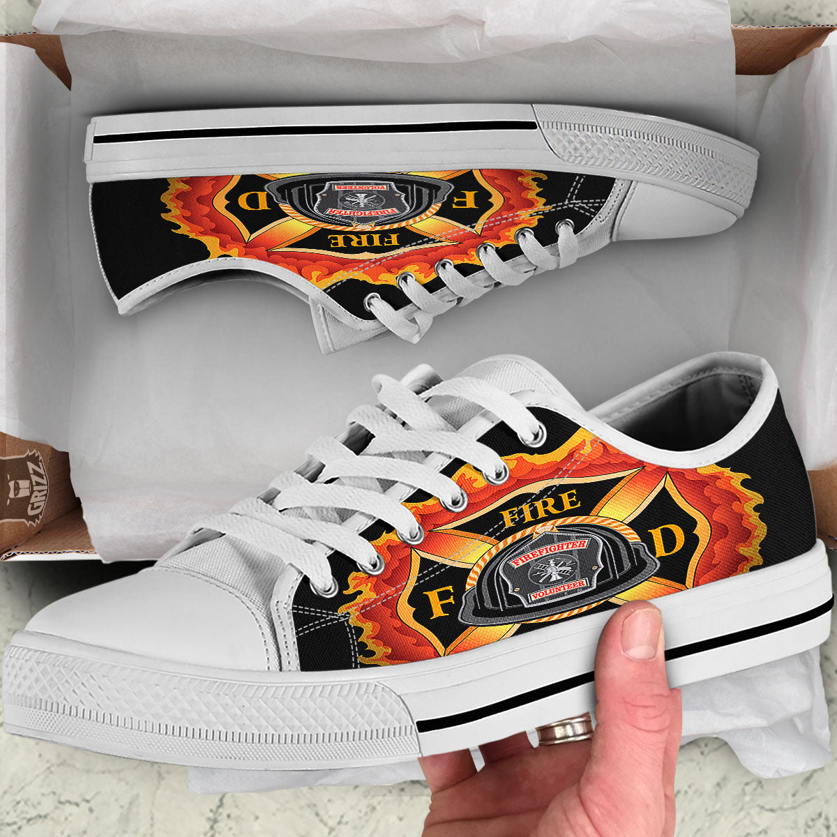 Firefighter Emblem Flaming Print White Low Top Shoes-grizzshop