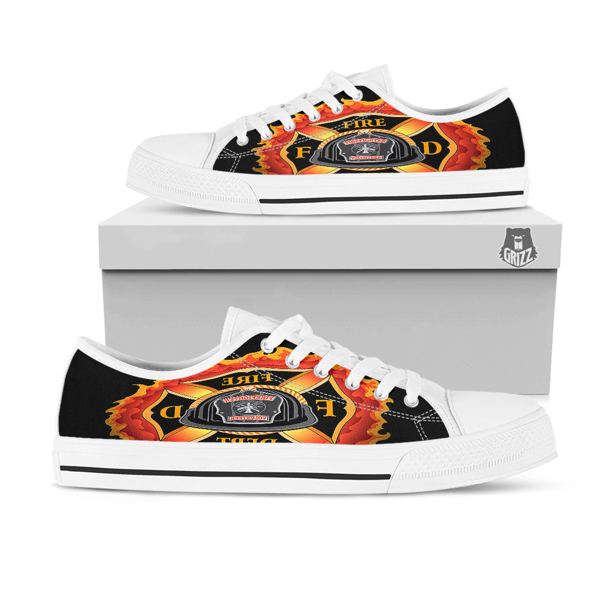 Firefighter Emblem Flaming Print White Low Top Shoes-grizzshop