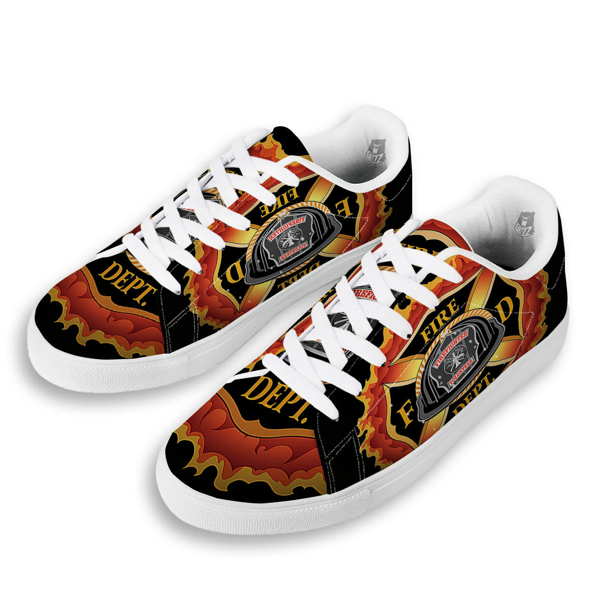 Firefighter Emblem Flaming Print White Low Top Sneakers-grizzshop
