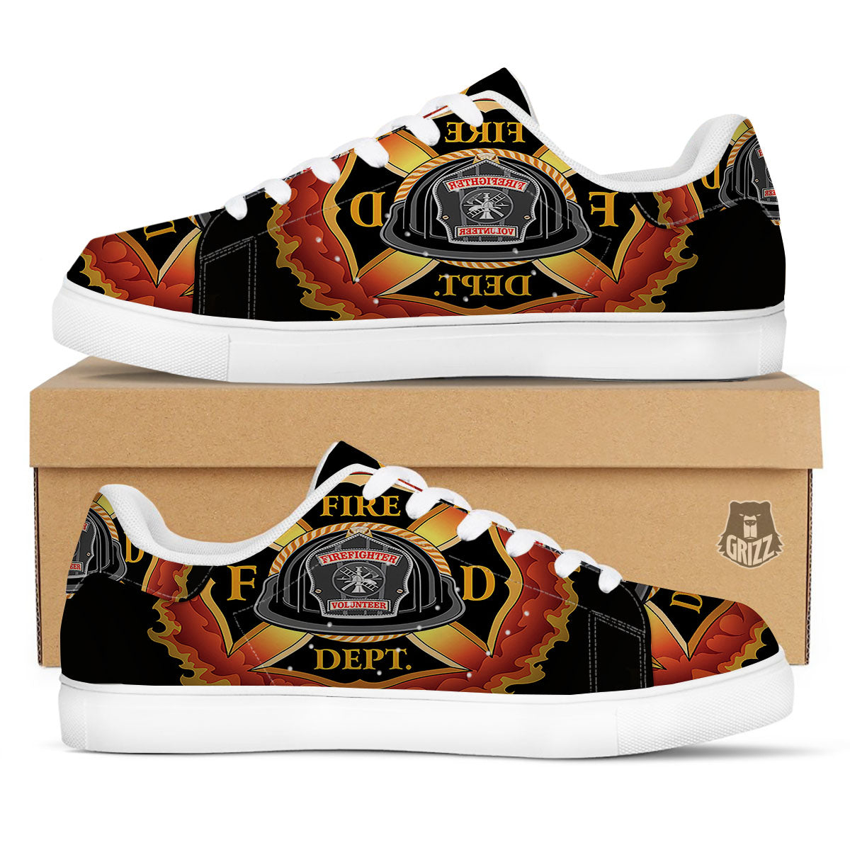 Firefighter Emblem Flaming Print White Low Top Sneakers-grizzshop