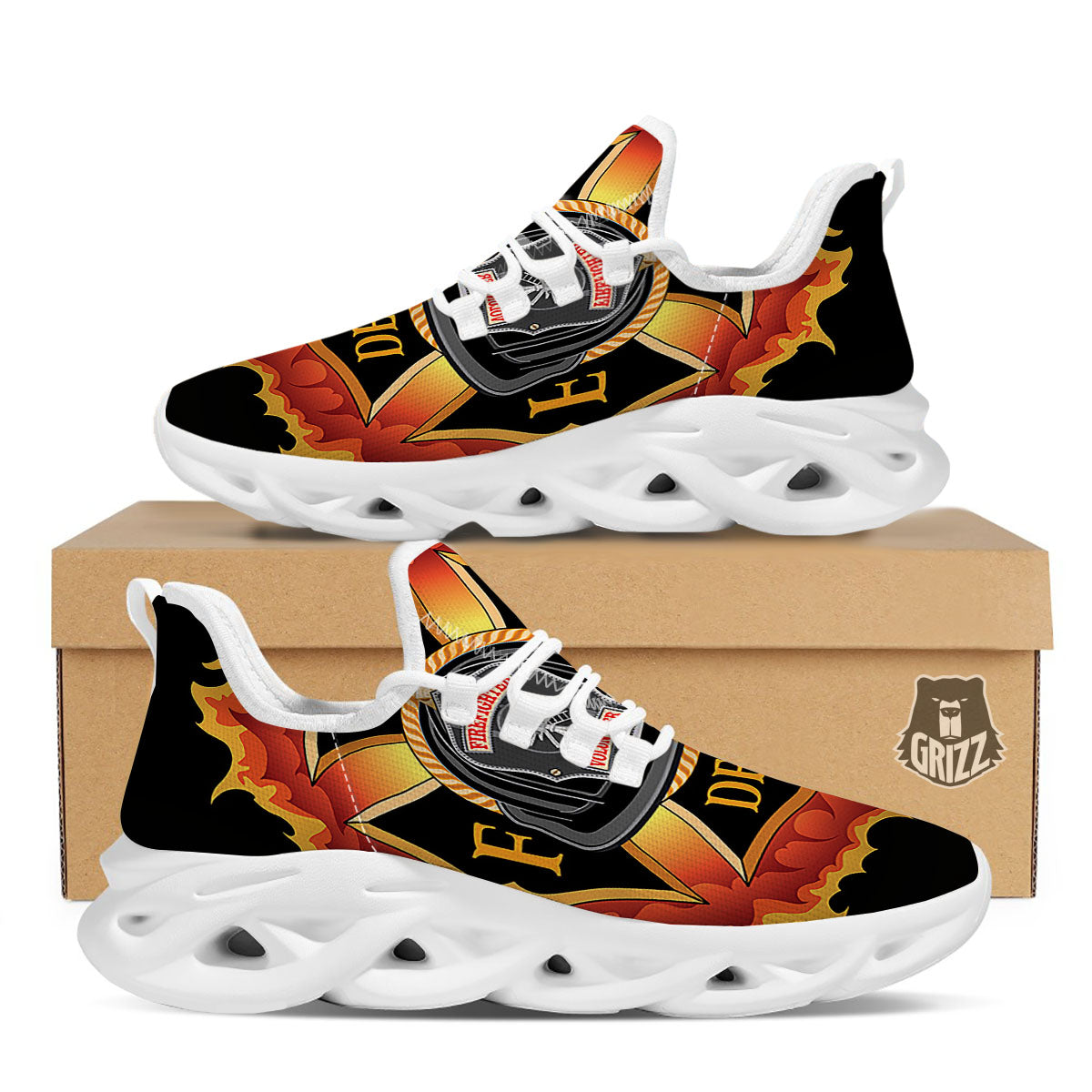 Firefighter Emblem Flaming Print White Running Shoes-grizzshop