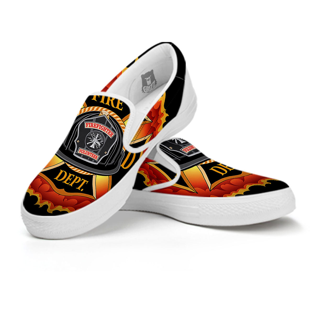 Firefighter Emblem Flaming Print White Slip On Shoes-grizzshop