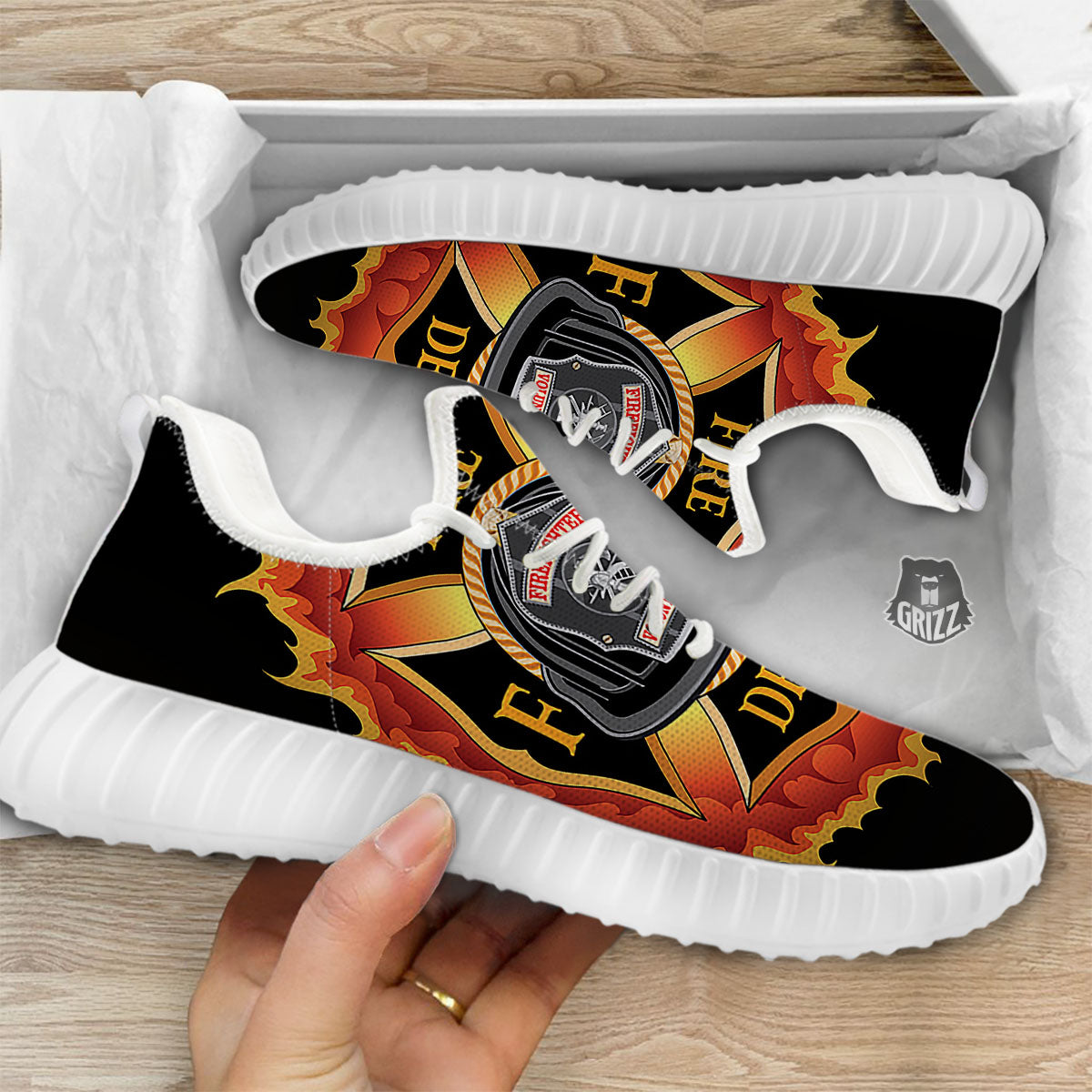 Firefighter Emblem Flaming Print White Walking Shoes-grizzshop