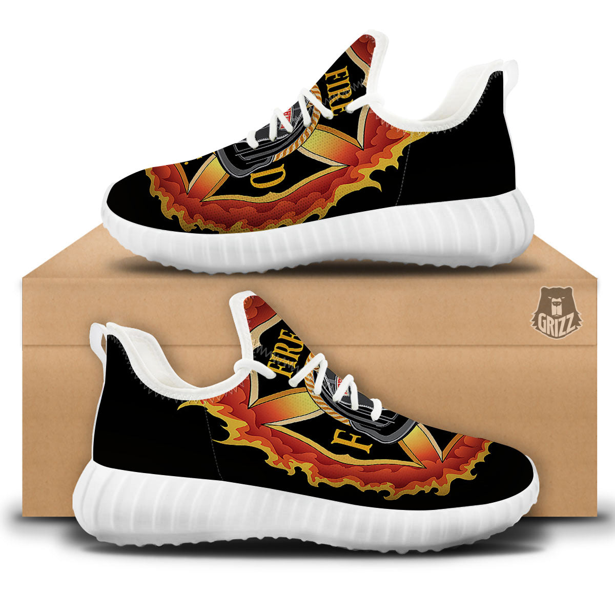 Firefighter Emblem Flaming Print White Walking Shoes-grizzshop