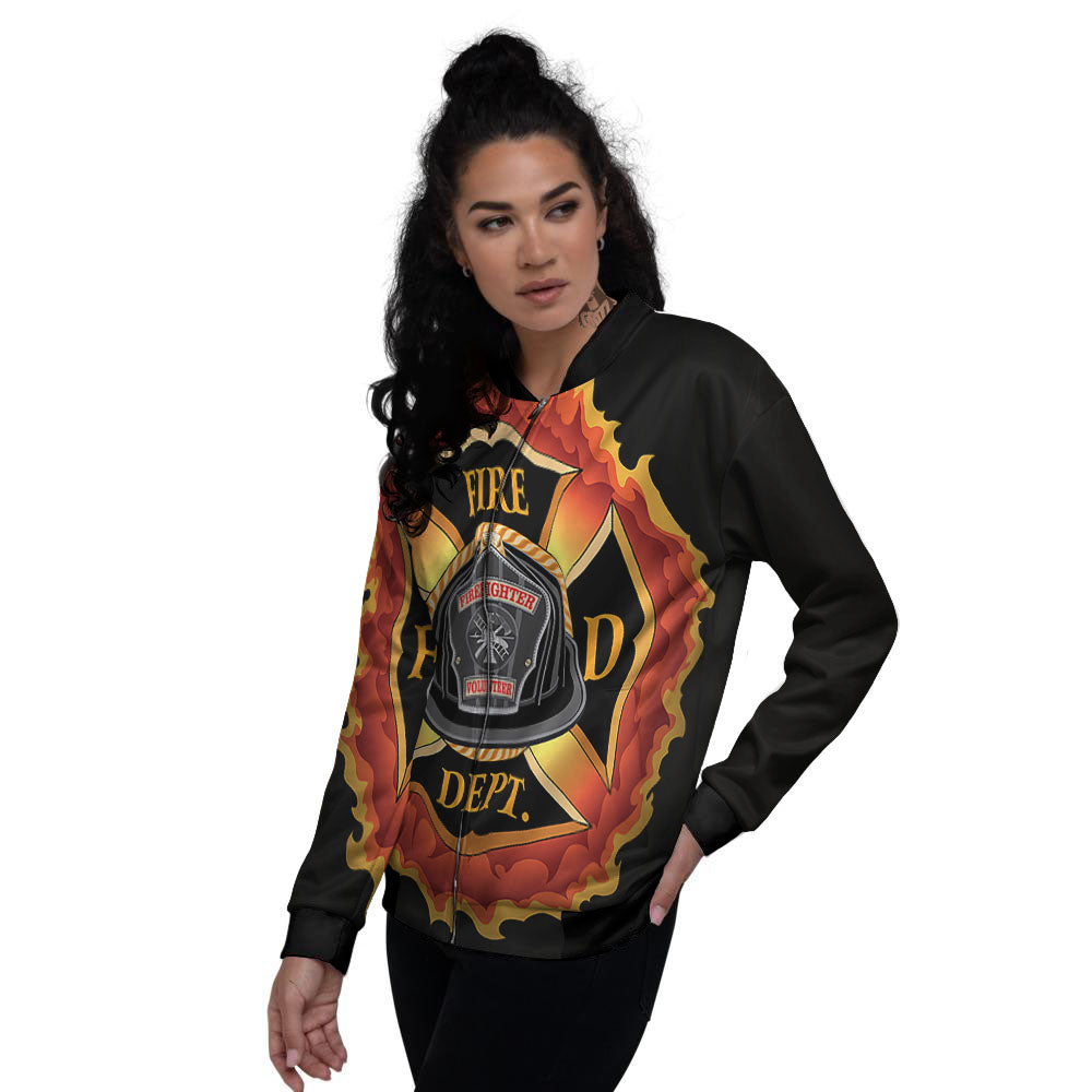 Firefighter Emblem Flaming Print Women's Bomber Jacket-grizzshop
