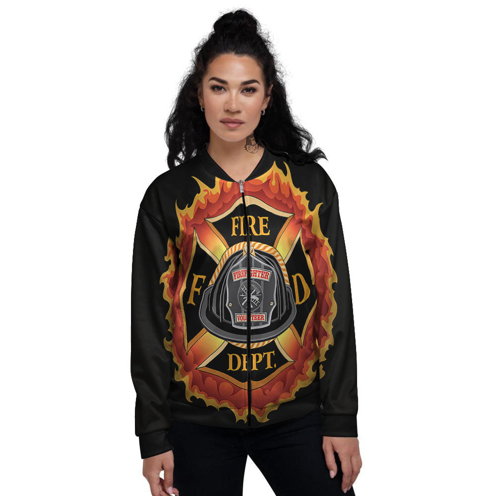 Firefighter Emblem Flaming Print Women's Bomber Jacket-grizzshop