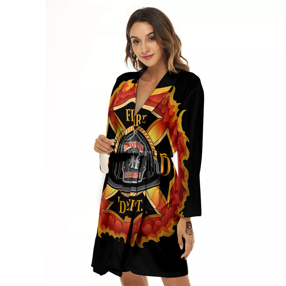 Firefighter Emblem Flaming Print Women's Robe-grizzshop