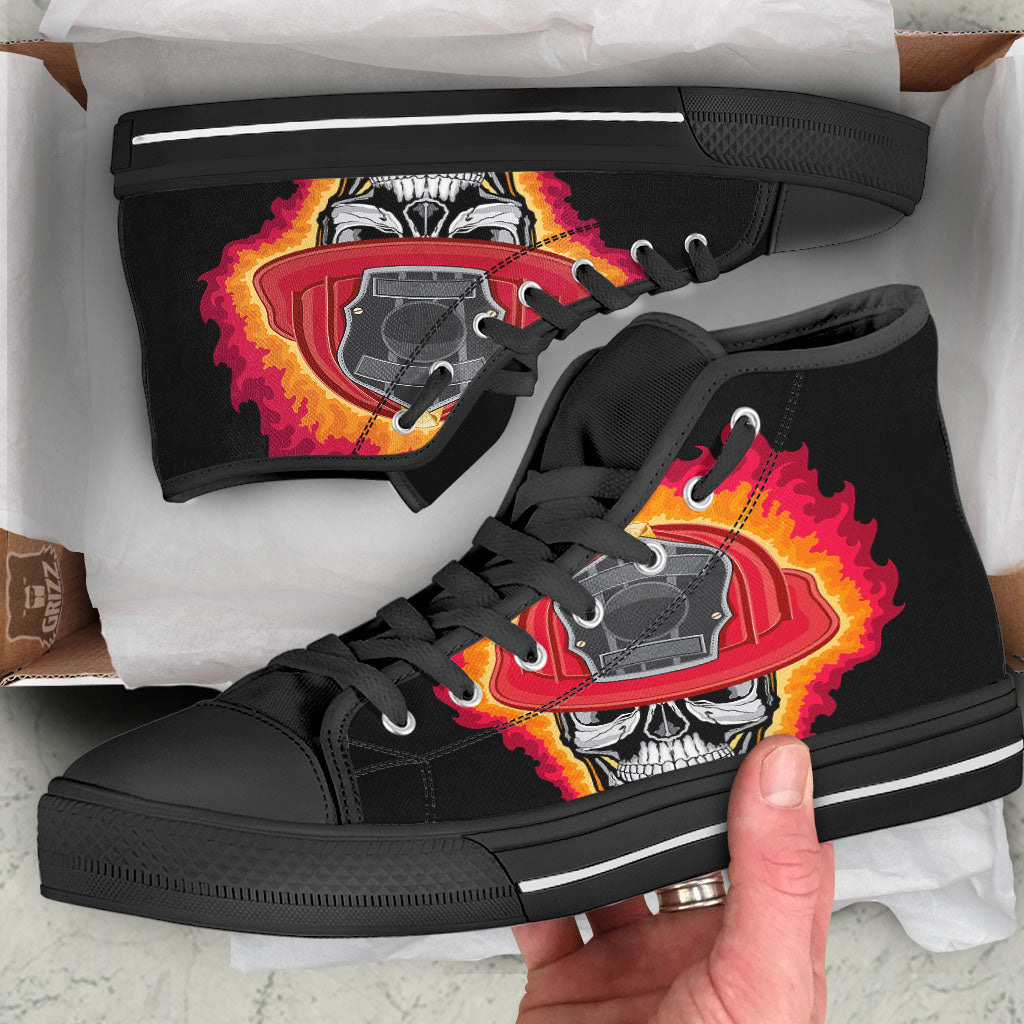 Firefighter Skull Flaming Print Black High Top Shoes-grizzshop