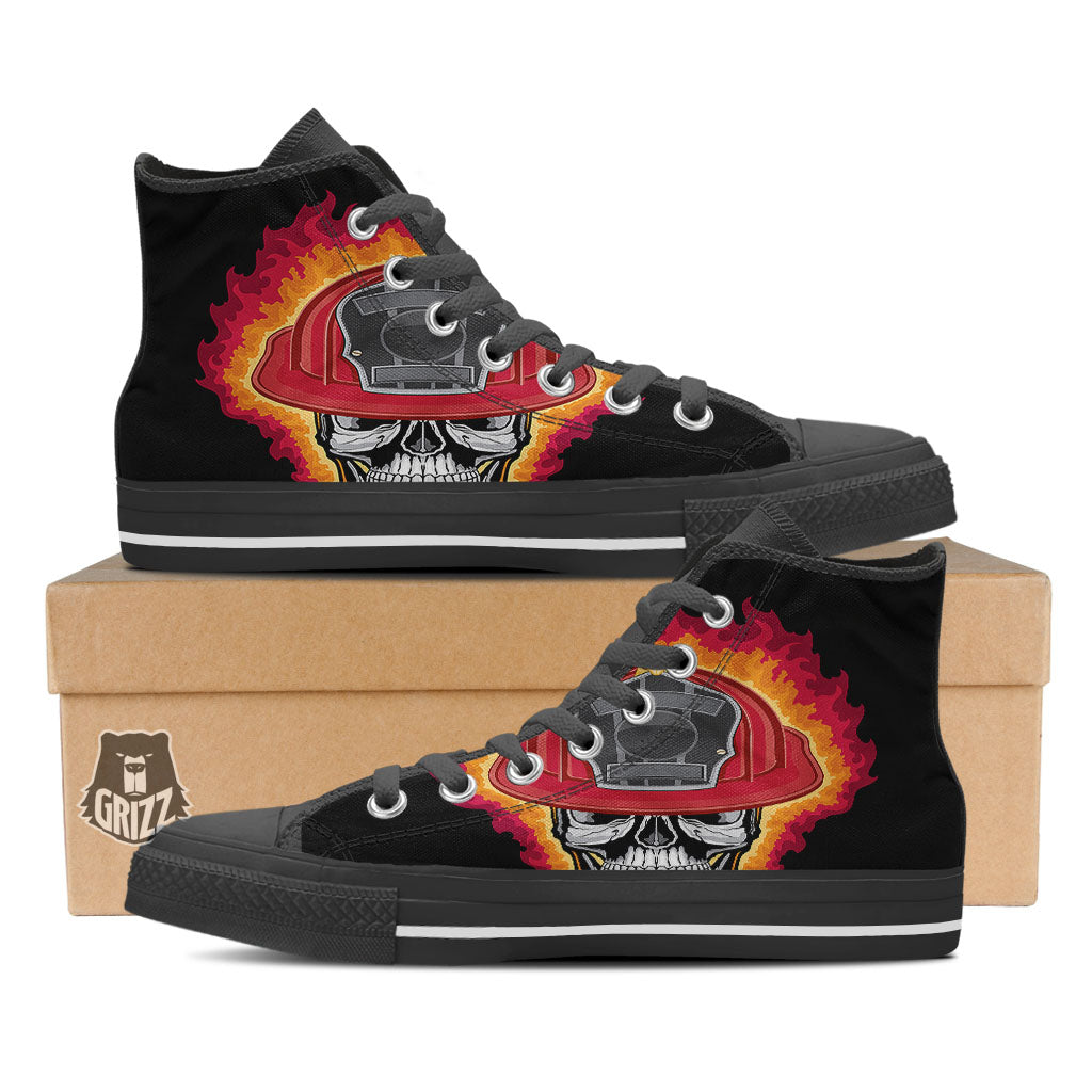 Firefighter Skull Flaming Print Black High Top Shoes-grizzshop