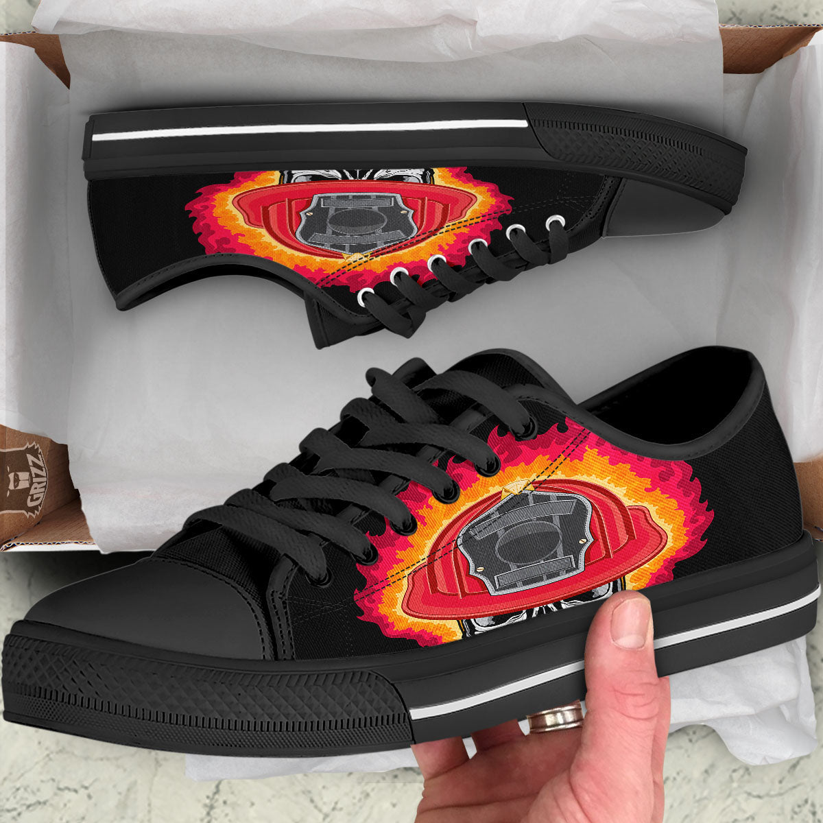 Firefighter Skull Flaming Print Black Low Top Shoes-grizzshop